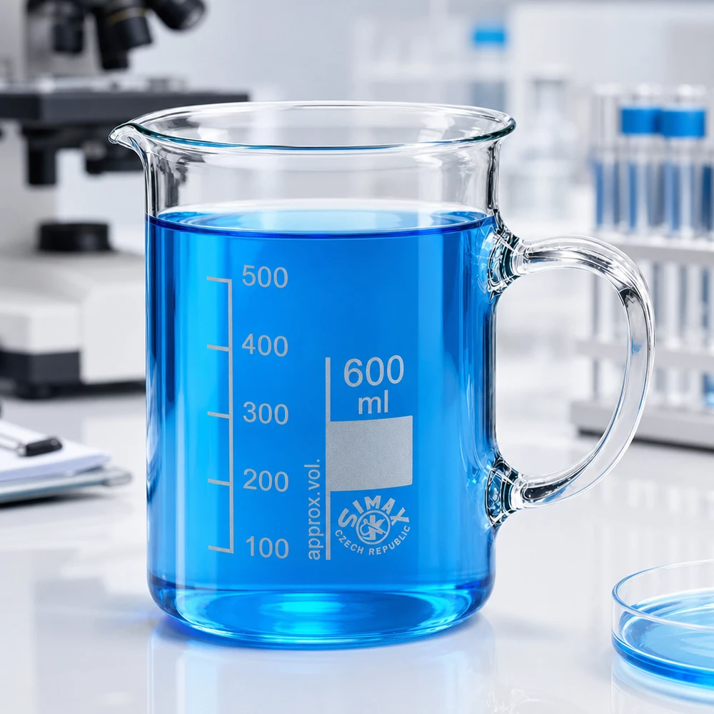 Becherglas 600 ml Borosilikatglas mit Henkel gefüllt mit blauer Flüssigkeit im Labor