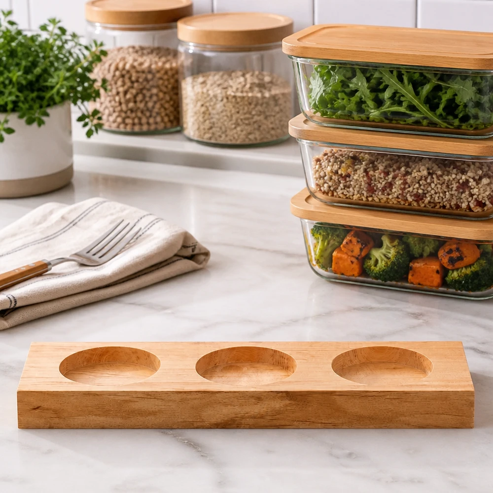 Servierbrett Plano3 für 3 WECK Sturzgläser Bambus Servierbrett Plano3 auf Marmortheke in moderner Küche mit Meal-Prep-Behältern und Vorratsgläsern