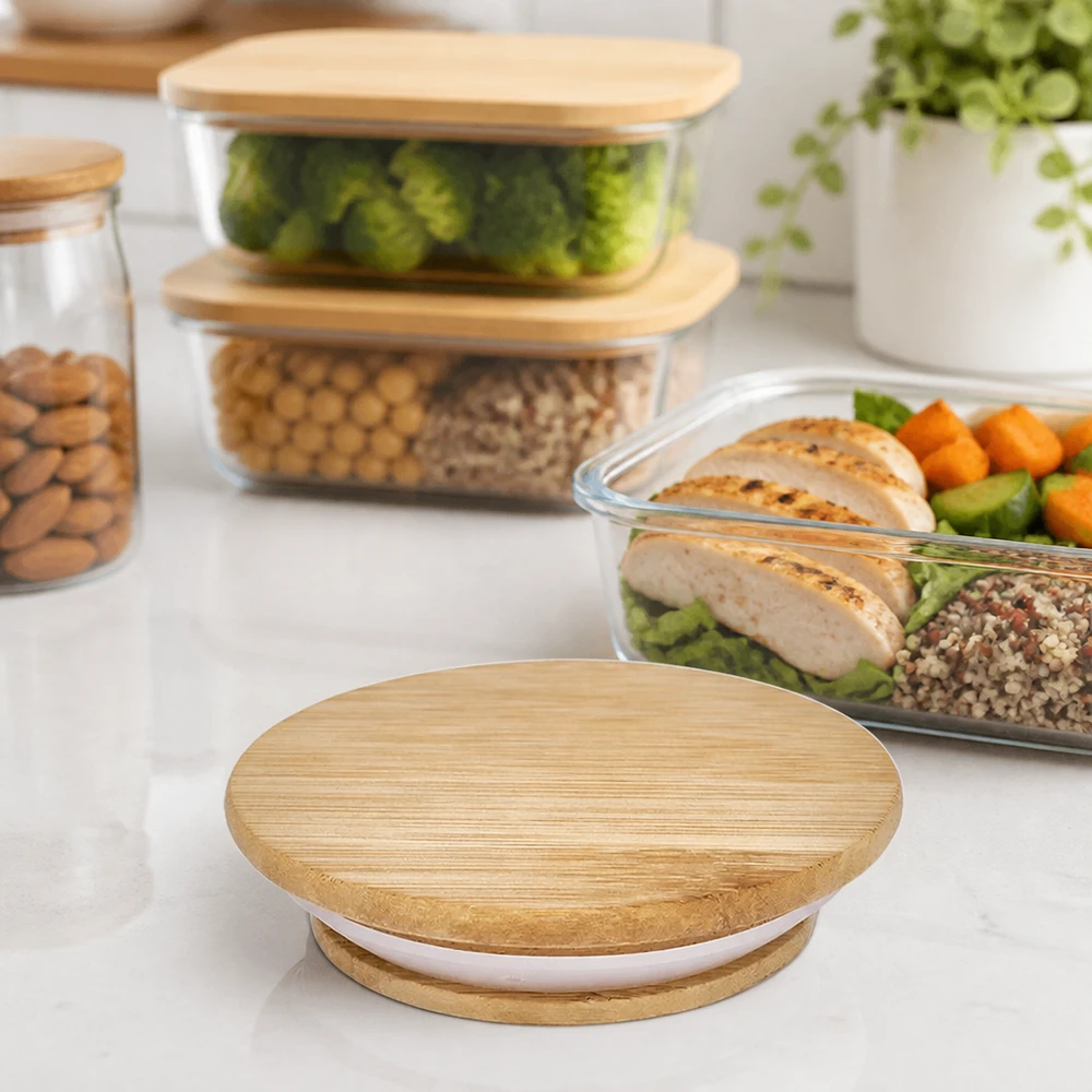 Holzdeckel (Buche) unbedruckt für WECK RR60 Holzdeckel RR60 für WECK Gläser in Küchen-Ambiente mit Meal Prep Behältern und gesunden Lebensmitteln