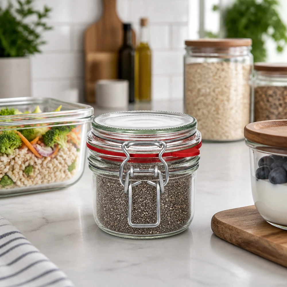 255ml Vorratsglas Typ G mit Bügelverschluss UN 255ml Bügelverschlussglas mit Chia-Samen befüllt in moderner Gastro-Küche mit Meal-Prep-Behältern