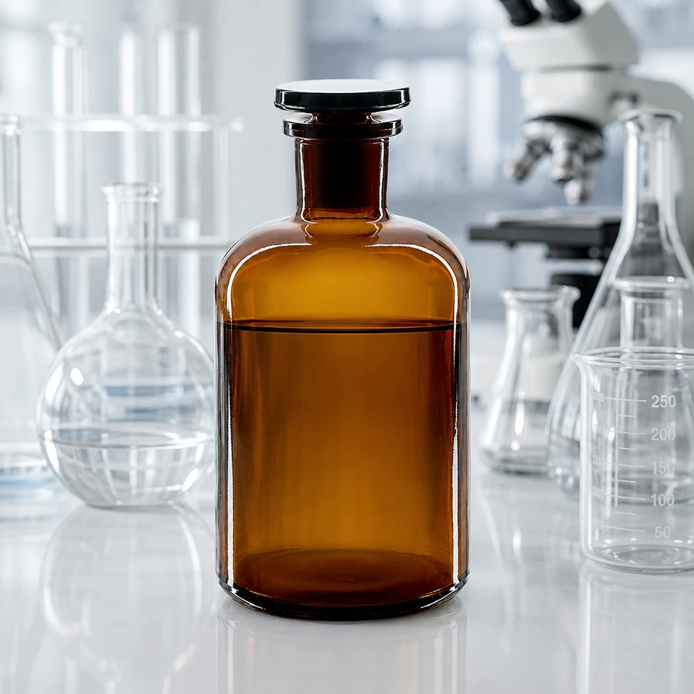 Braune Rundschulterflasche 500ml Enghals mit Glasstopfen für Labor und Fachhandel bei Pacadura