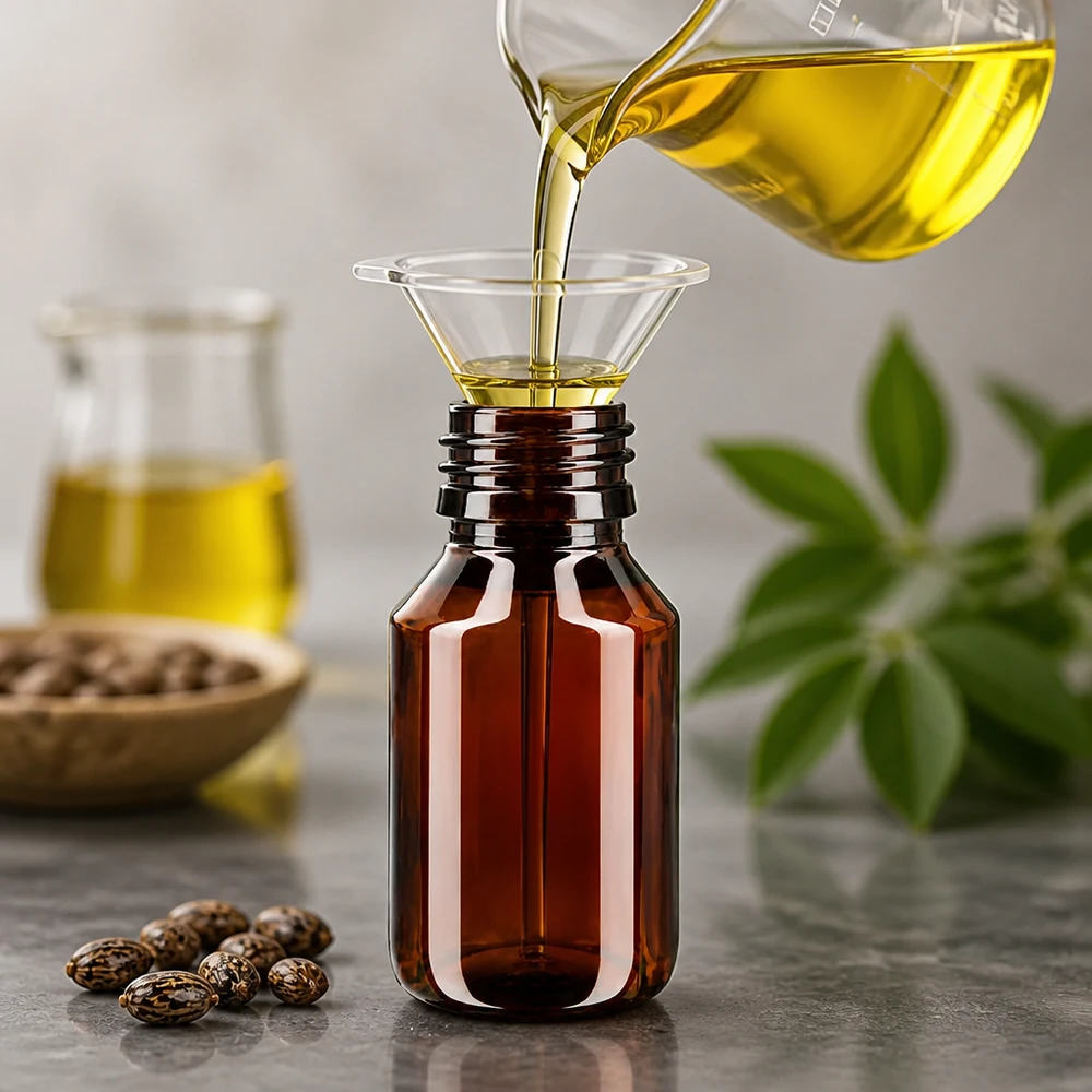 PET Flasche 50ml PP28 ohne Verschluss PET Flasche 50ml PP28 Braunglas-Optik mit Trichter beim Befüllen mit ätherischem Öl gewerblich