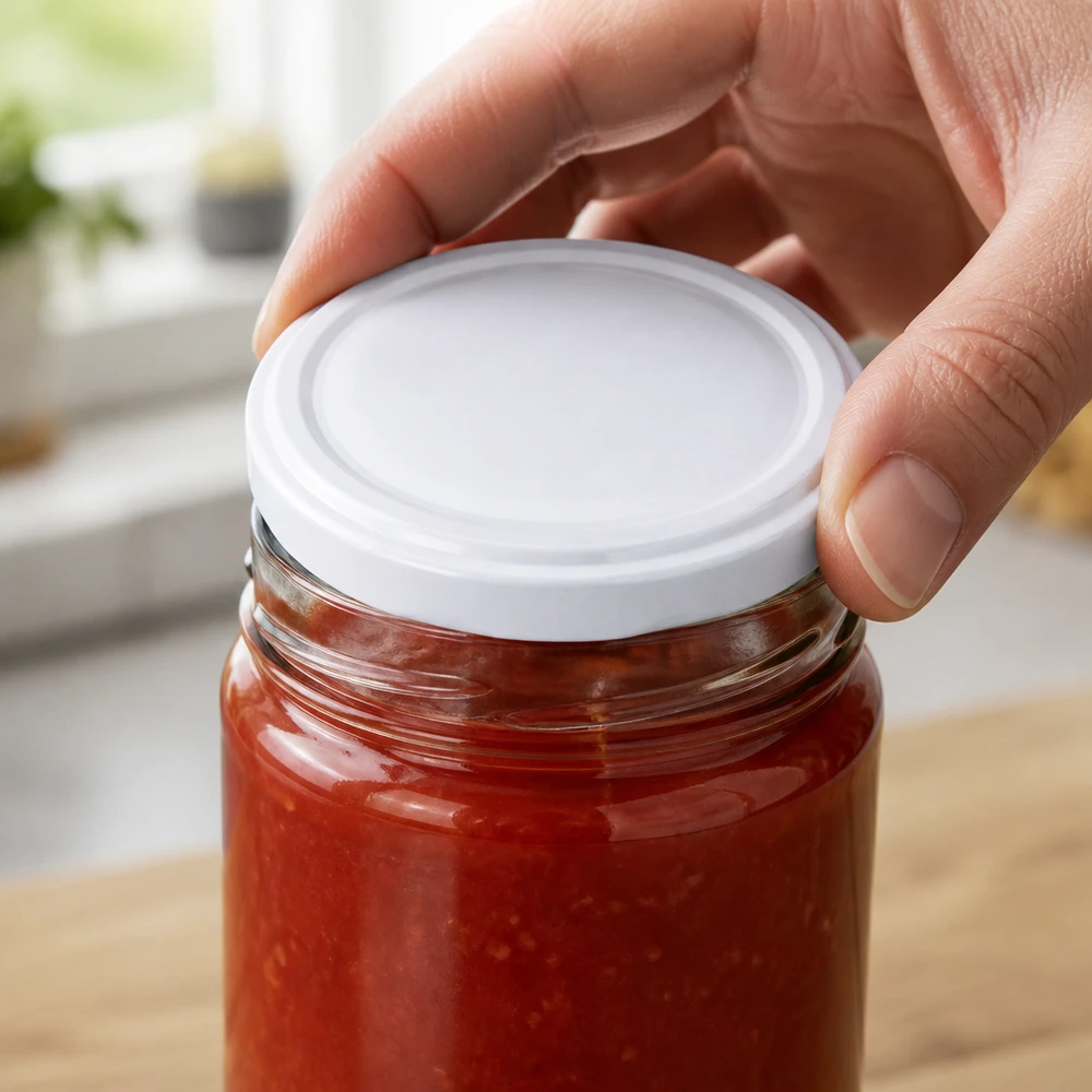 66mm BasicSeal TO66deep Weißblech-Twist-Off-Deckel auf Einmachglas mit Tomatensauce Großhandel Pacadura