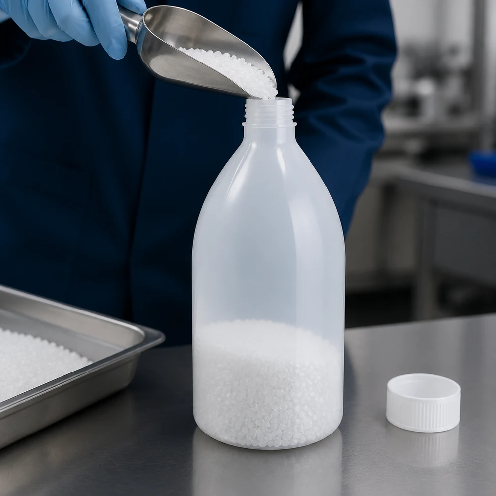 1000ml Enghals-Laborflasche aus HDPE beim Befüllen mit Granulat im Labor