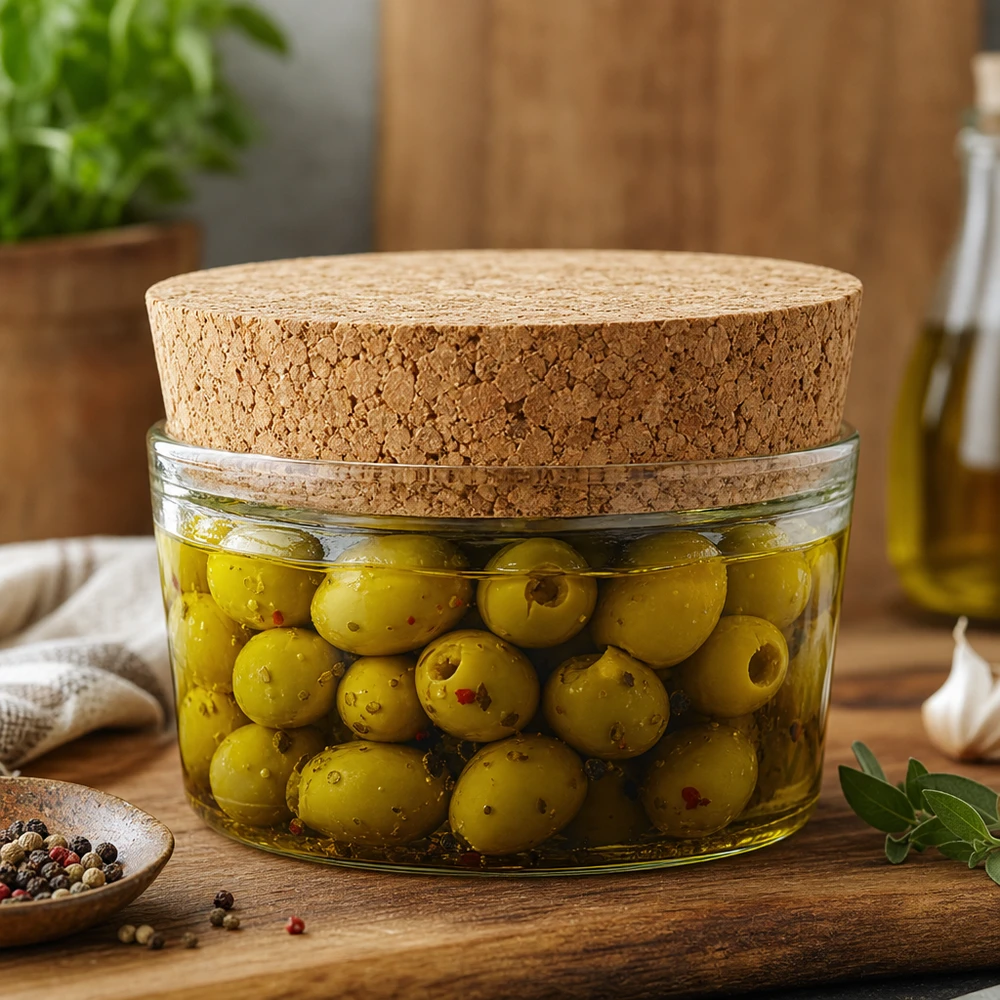 Korken für Öffnung 40mm WECK RR40 (ø38/43, H=20mm) Eingelegte Oliven in WECK Glas mit Korken RR40 Verschluss professionelle Lebensmittelaufbewahrung Gastronomie 40mm