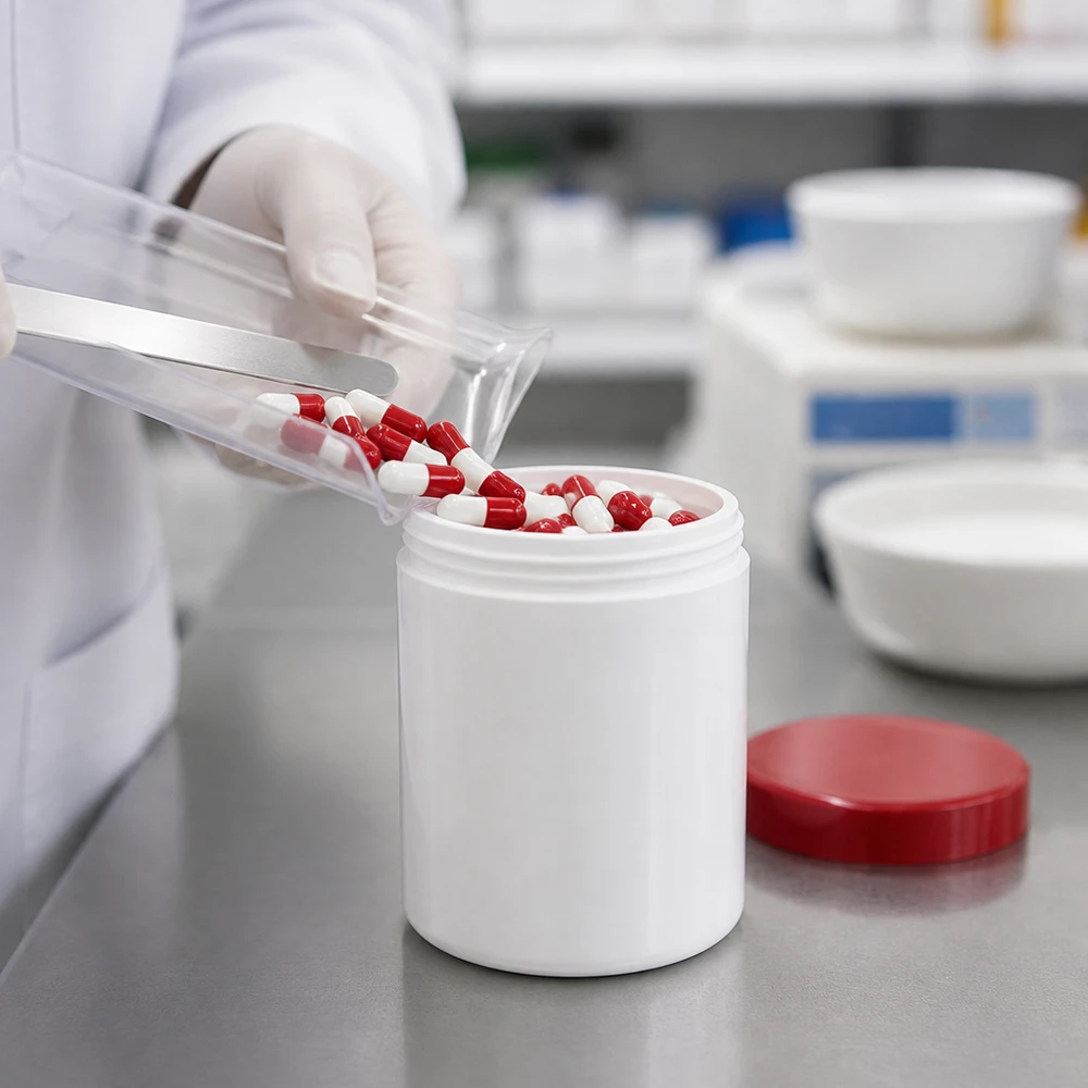 Salbenkruke 500g weiß PP-Kunststoff mit rotem Schraubdeckel für pharmazeutische Abfüllung im Labor