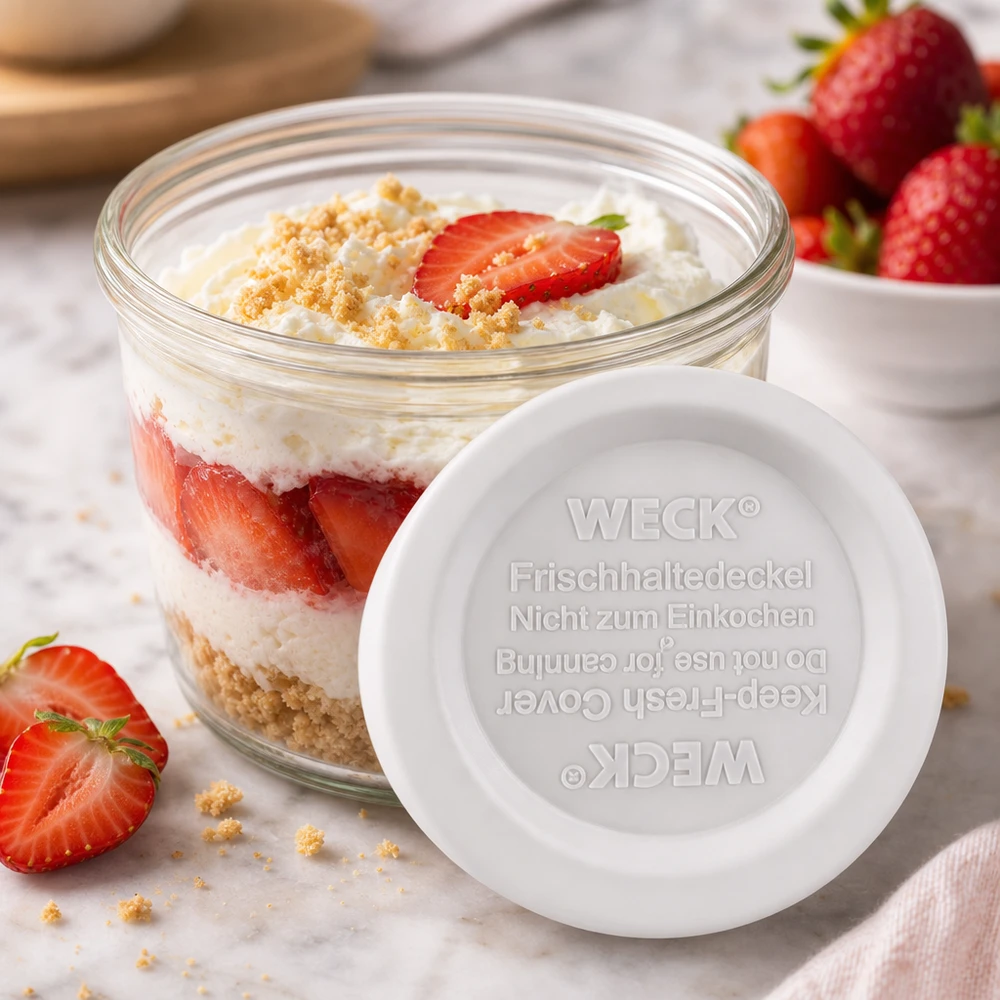WECK Frischhaltedeckel RR40 mit Erdbeer-Dessert im Glas - perfekt für süße Nachspeisen und Schichtdesserts
