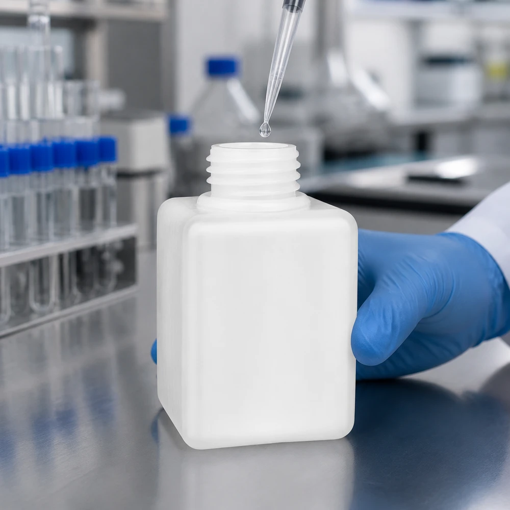 Chemikalienflasche 100ml Enghals PE-HD GL25 im Laboreinsatz mit Pipette und Schutzhandschuhen