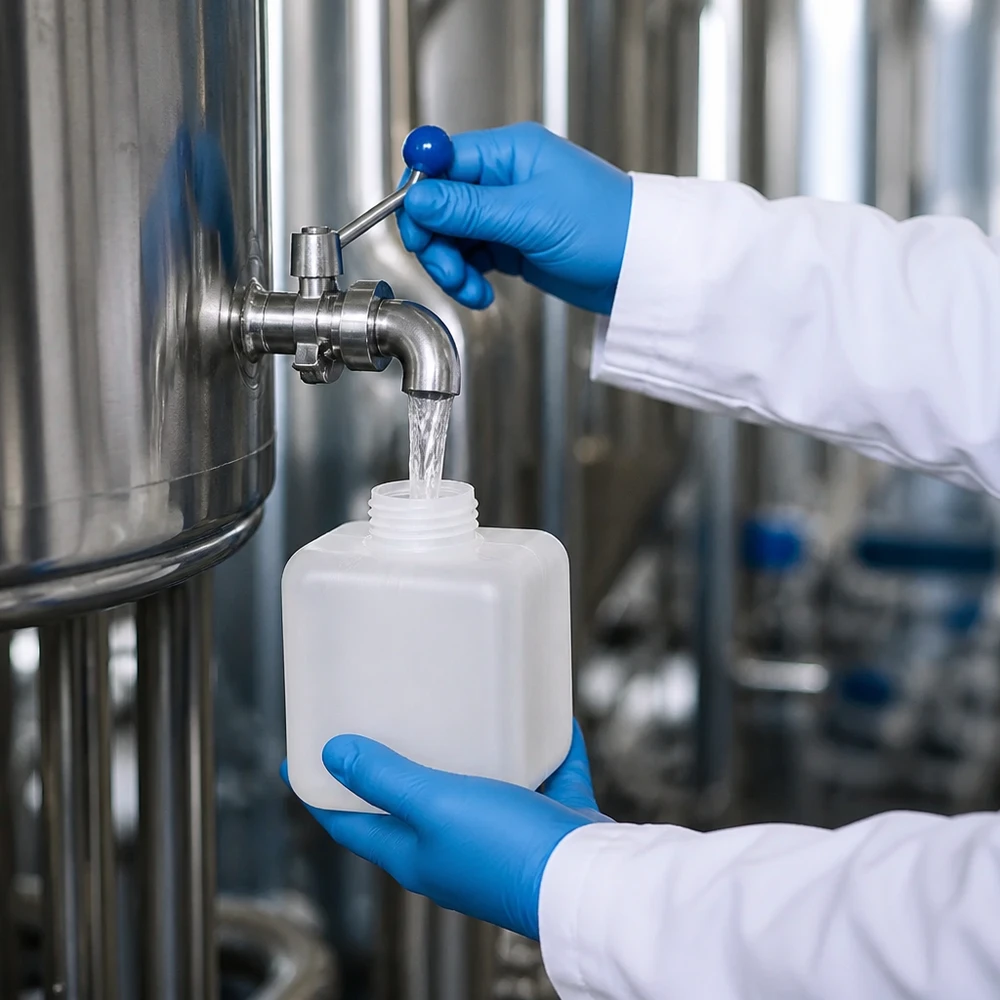 Chemiklaienflasche 250ml, Enghals aus PE-HD, GL 28 Chemikalienflasche 250ml Enghals PE-HD GL28 beim Befüllen im Labor mit blauer Schutzhandschuh