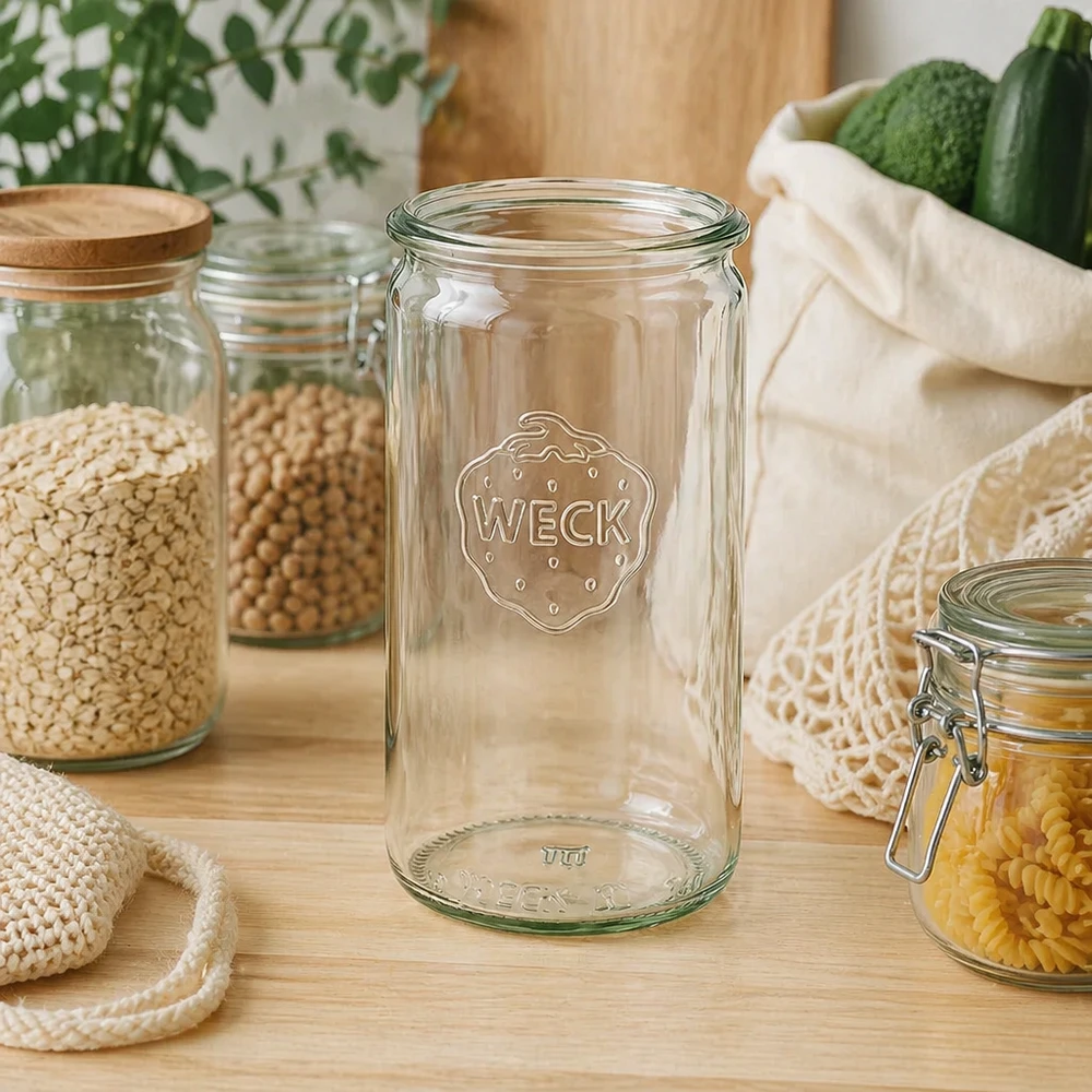 340ml Zylinderglas WECK RR60 WECK Zylinderglas 340ml RR60 in nachhaltiger Zero-Waste-Küche mit Vorratsgläsern und Baumwollbeuteln