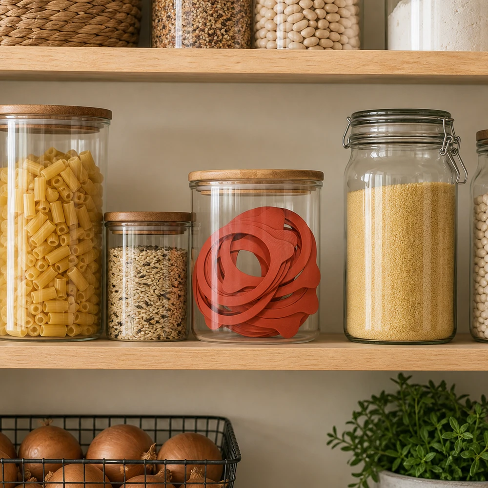 Einkochringe RR100 Naturgummi rot in Vorratsjar gelagert zwischen Pasta und Getreide im professionellen Küchensortiment
