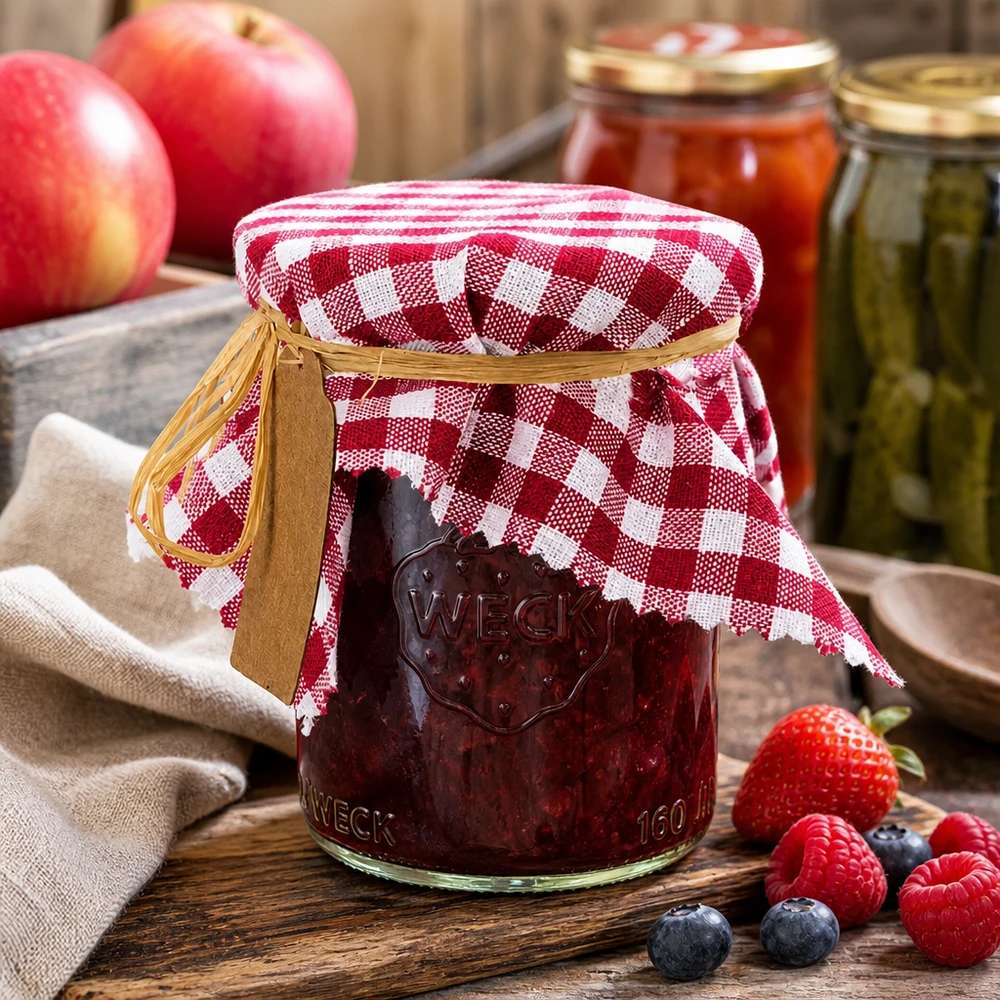 Bordeaux-kariertes Stoffdeckchen auf Marmeladenglas mit frischen Beeren und Äpfeln in rustikaler Küche