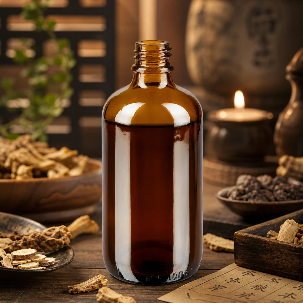 Tropfflasche 100 ml DIN 18 aus Braunglas 100ml braune Apothekenflasche ApoGlas mit TCM Kräutern Ginseng und Pfeffer in asiatischer Heilpraxis