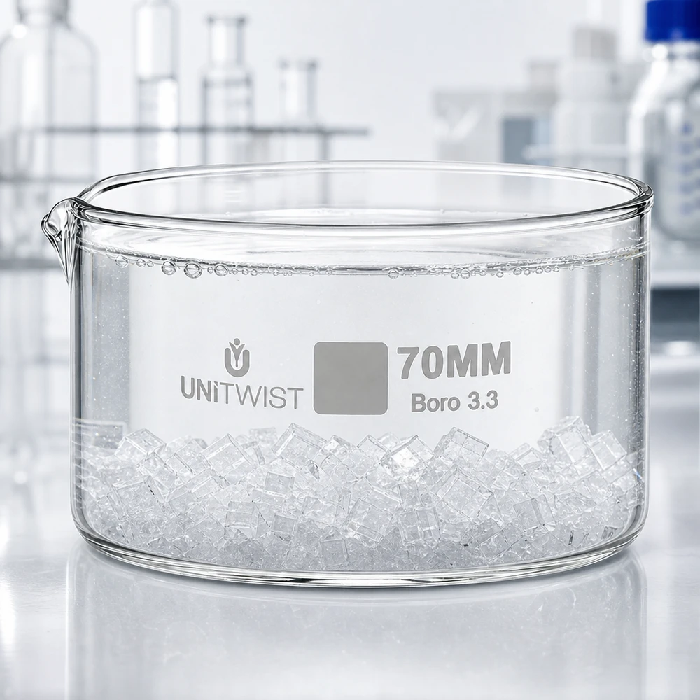 Kristallisierschale ø70mm Borosilikatglas UNiTWIST Kristallisierschale 70mm Borosilikatglas 3.3 UNiTWIST für Labor und Gewerbe flache Glasschale mit Ausguss