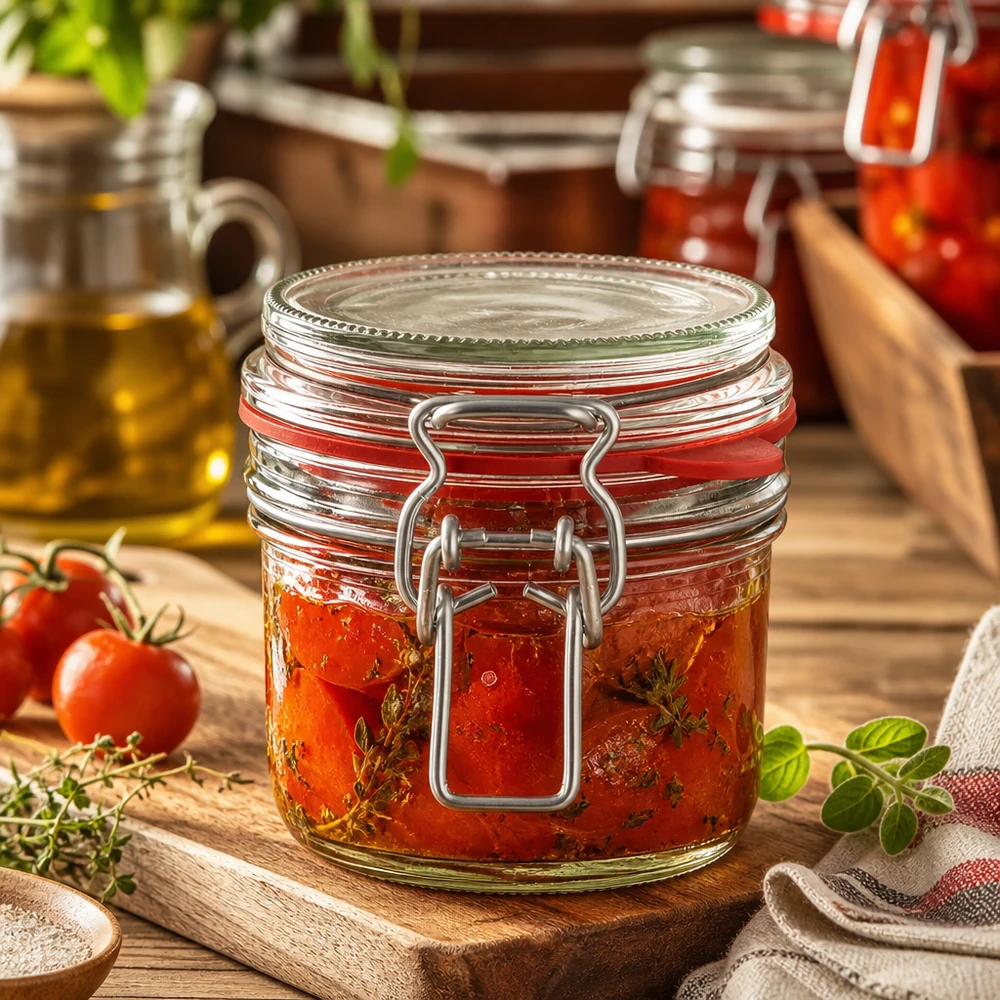 255ml Bügelverschlussglas mit eingelegten Tomaten, Demonstration der luftdichten Konservierung für Gastronomie