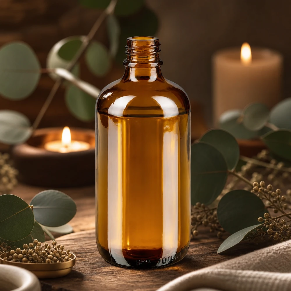 Braune ApoGlas Apothekenflasche 100ml mit ätherischen Ölen, Eukalyptus und Kerzen dekorativ arrangiert