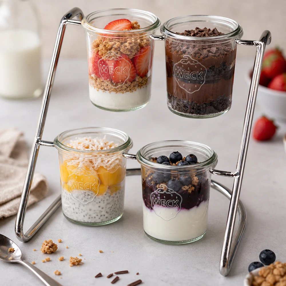 Serviergestell Flato4 für 4 WECK Sturzgläser Serviergestell Flato4 mit bunten Desserts in WECK Gläsern - Joghurt, Beeren und Granola appetitlich präsentiert