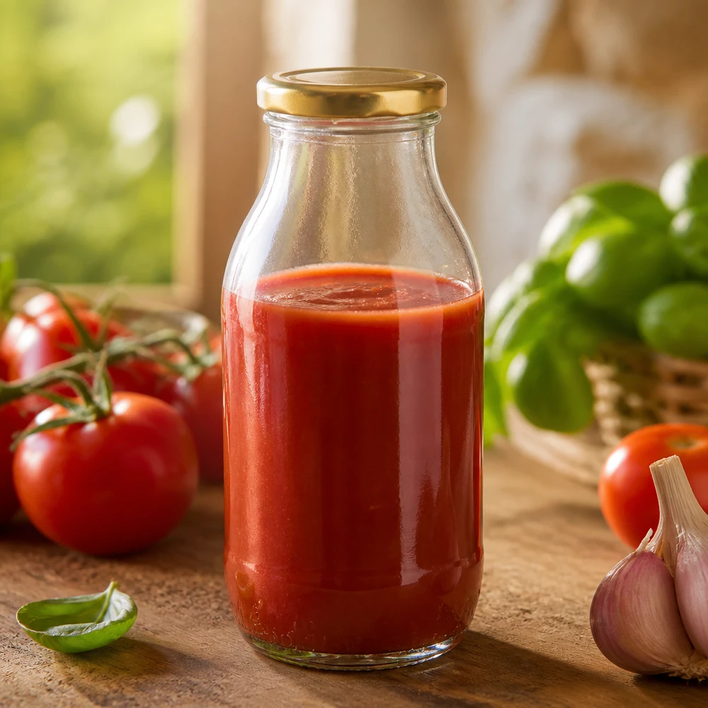 250ml Glasflasche mit BasicSeal Golddeckel gefüllt mit Tomatensauce für gewerbliche Abfüllung