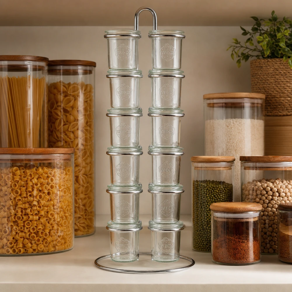 Serviergestell Vertico12 für 12 WECK Sturzgläser Pantry-Organisation mit WECK Vertico12 Gestell zwischen Vorratsgläsern mit Pasta Reis Hülsenfrüchten und Gewürzen