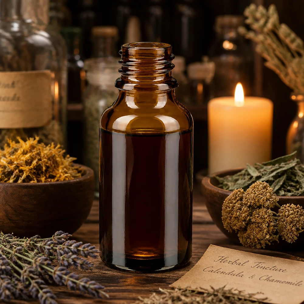 Tropfflasche 30 ml DIN 18 Braunglas NIEDRIGE FORM 30ml braune Apothekenflasche ApoGlas mit Kräutertinktur zwischen Calendula Kamille und brennender Kerze