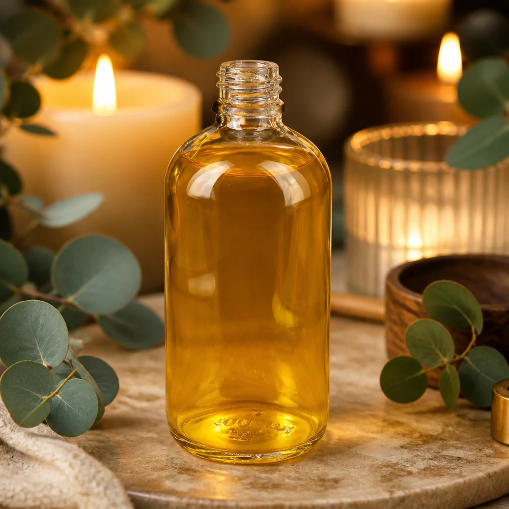 100ml Apothekerflasche ClearLine DIN18 aus Klarglas mit goldenem Öl gefüllt für professionellen Einsatz