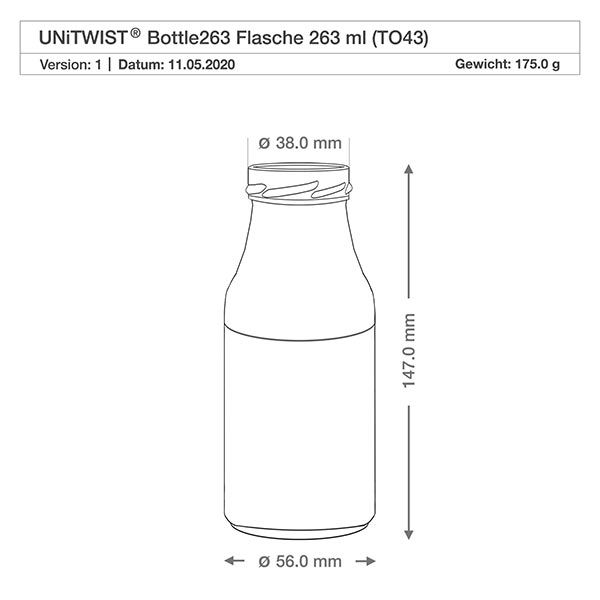 UNiTWIST Bottle263 Glasflasche 263ml TO43 mit Maßen 147mm Höhe 56mm Durchmesser technische Zeichnung