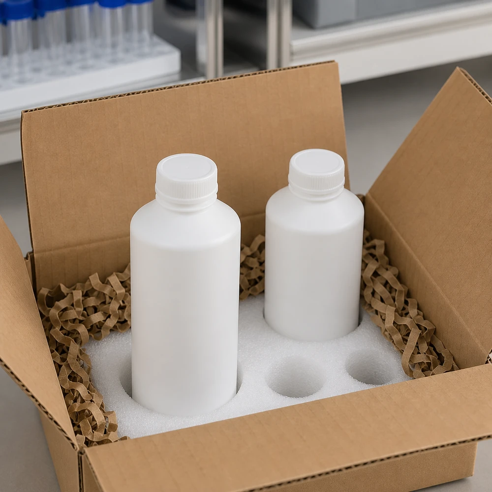 Apothekenflasche HDPE 100ml weiß ohne Verschluss in Versandkarton mit Schaumstoffeinlage für gewerblichen Einsatz