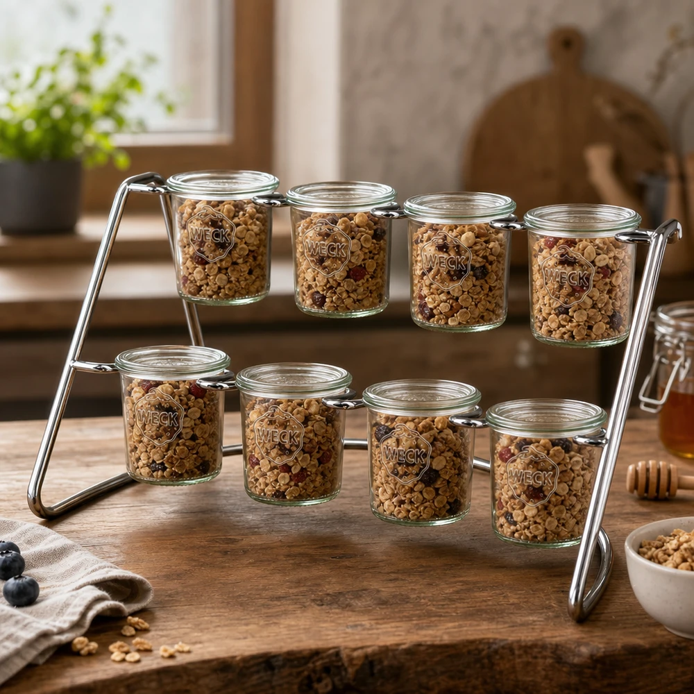 Professionelles Edelstahl-Serviergestell Flato8 mit Müsli-Mischungen in WECK Sturzgläsern für Gastronomiebetriebe