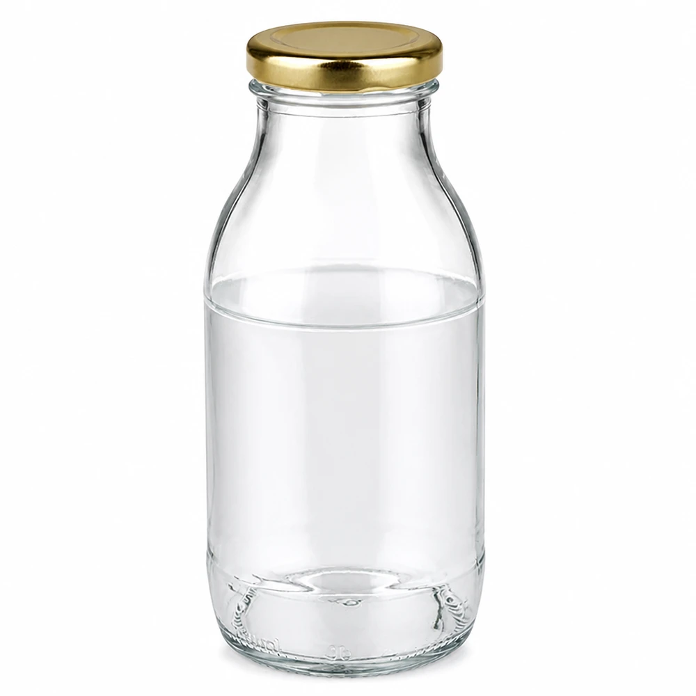 250ml Glasflasche + BasicSeal Deckel gold UNiTWIST 250ml Glasflasche mit goldenem BasicSeal Deckel von UniTwist für gewerbliche Abfüllung bei Pacadura