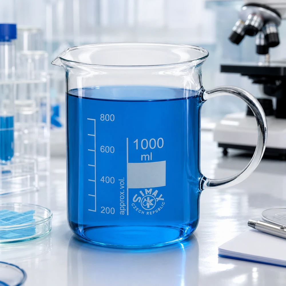 Becherglas 1000ml Borosilikatglas mit Henkel gefüllt mit blauer Flüssigkeit im Labor Profiausstattung