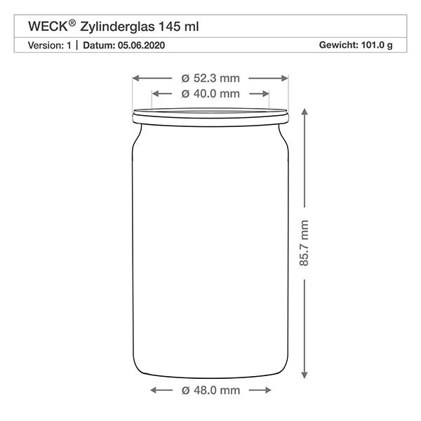 145ml Zylinderglas WECK RR40 WECK Zylinderglas 145ml RR40 technische Zeichnung mit Maßangaben Durchmesser 48mm Höhe 85,7mm Gewicht 101g