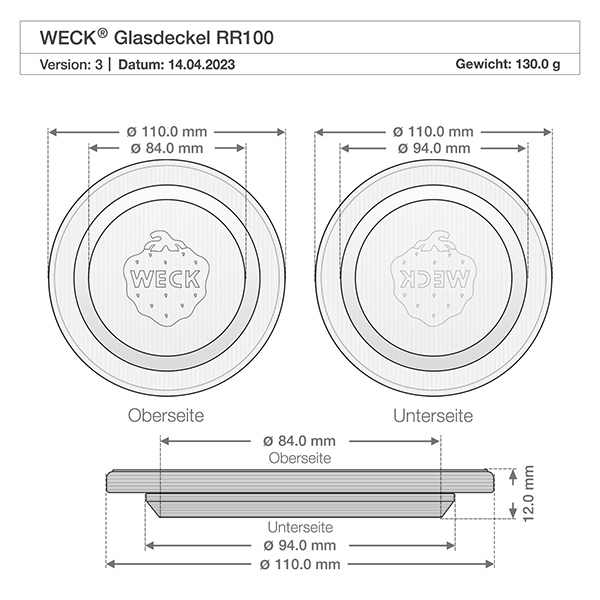 Technische Zeichnung WECK Glasdeckel RR100 mit Maßangaben Durchmesser 110mm 94mm 84mm Gewicht 130g