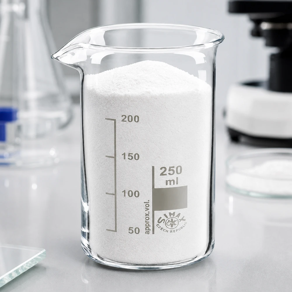Becherglas 250 ml hohe Form Borosilikatglas mit weißem Pulver gefüllt für professionellen Laboreinsatz