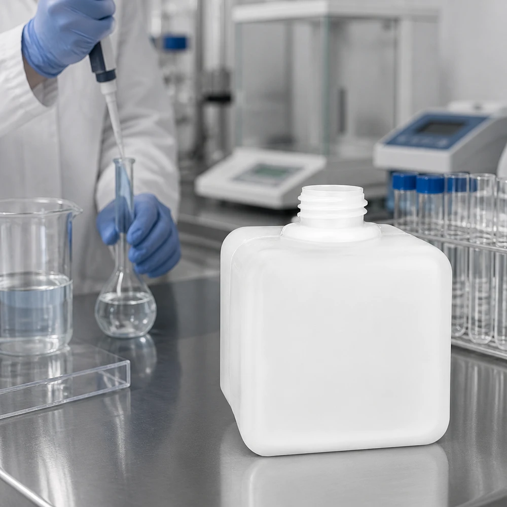 Chemikalienflasche 500ml Enghals PE-HD GL 32 für Labor und Gewerbe auf Edelstahltisch