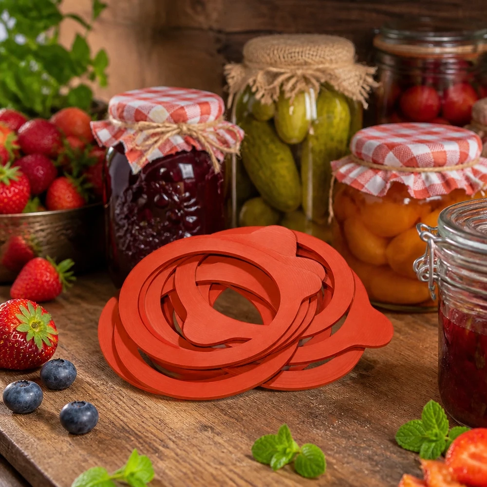 Einkochring Naturgummi RR80 Einkochring RR80 Naturgummi rot gestapelt auf Holzbrett mit Einmachgläsern Beeren Pickles Marmelade Konserven