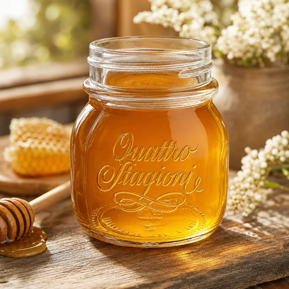 150ml Quattro Stagioni Haushaltsglas mit Honig gefüllt auf rustikalem Holztisch mit Bienenwaben und Blumen