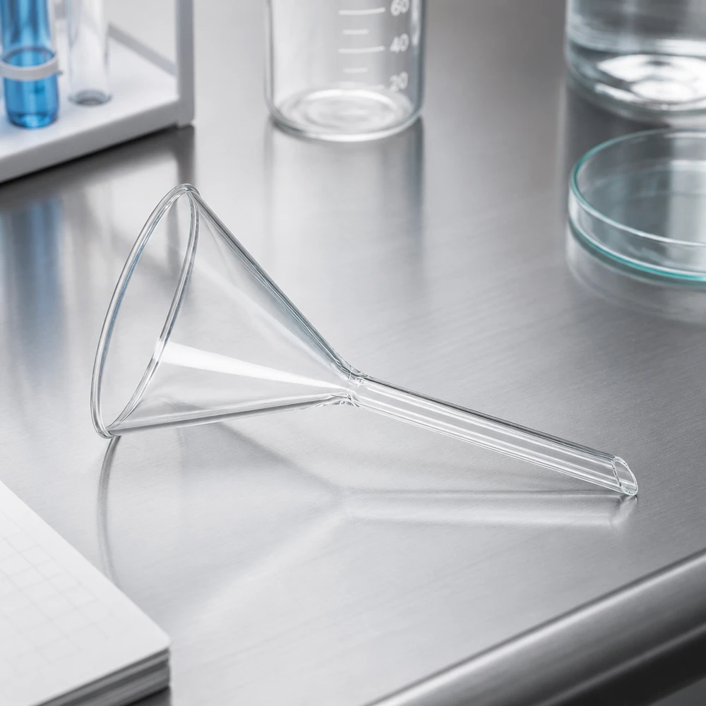 Trichter ø100mm Kalk-Soda, Winkel 60°, Kurzstil Glastrichter 100mm Durchmesser Kalk-Soda-Glas 60° Winkel Kurzstiel für professionelle Laboranwendungen bei Pacadura