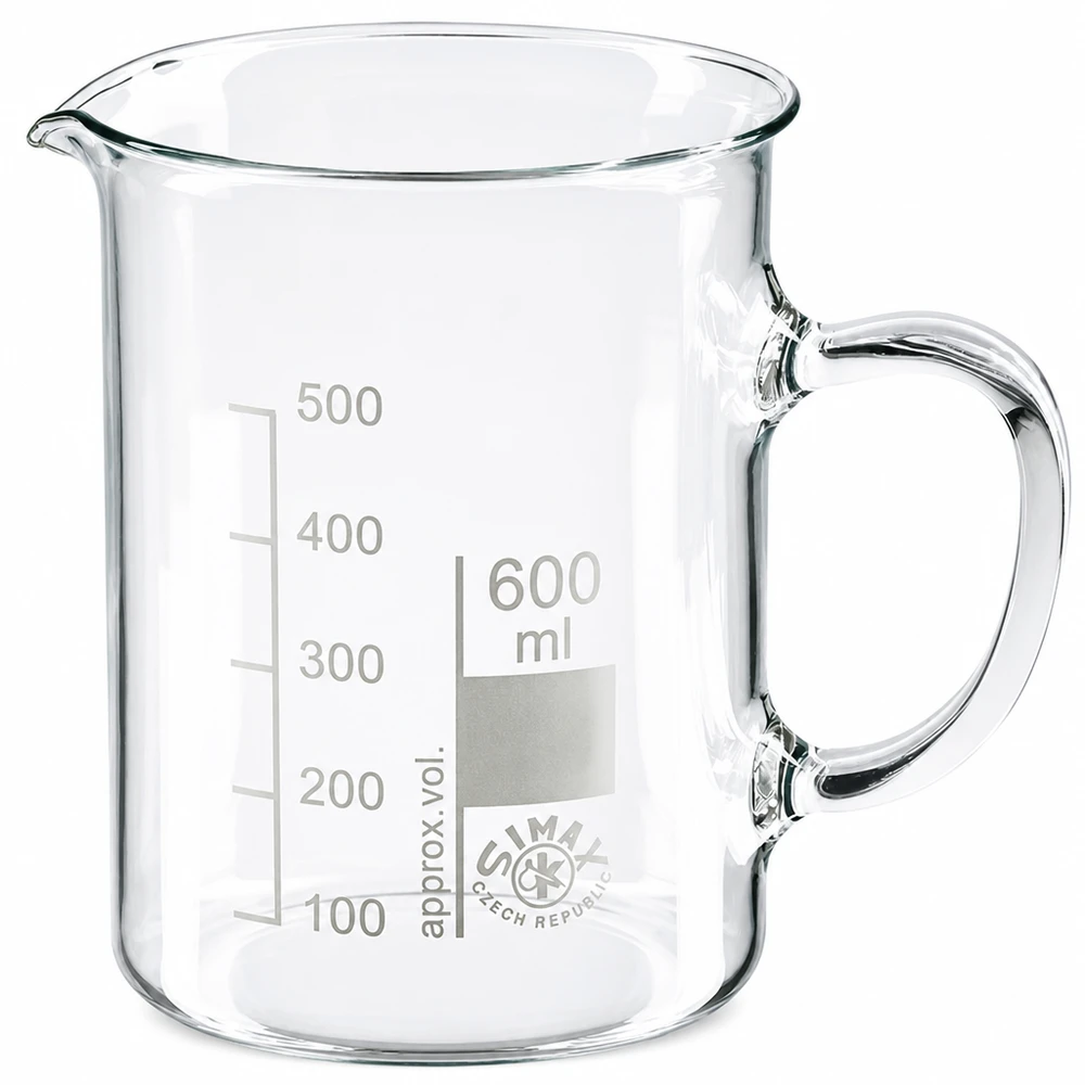 Becherglas 600 ml Borosilikatglas mit Henkel für professionellen Laboreinsatz von Simax