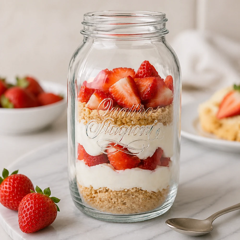 Haushaltsglas Quattro Stagioni 1500ml aus Glas für Gastronomiebetriebe mit Erdbeer-Dessert befüllt auf Marmortisch