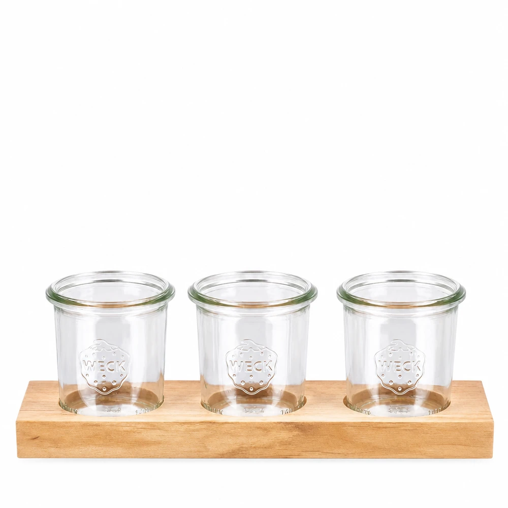 Servierbrett Plano3 mit 3 Weck Sturzgläsern 140ml Servierbrett Plano3 aus Holz mit 3 WECK Sturzgläsern 140ml für Küche und Aufbewahrung