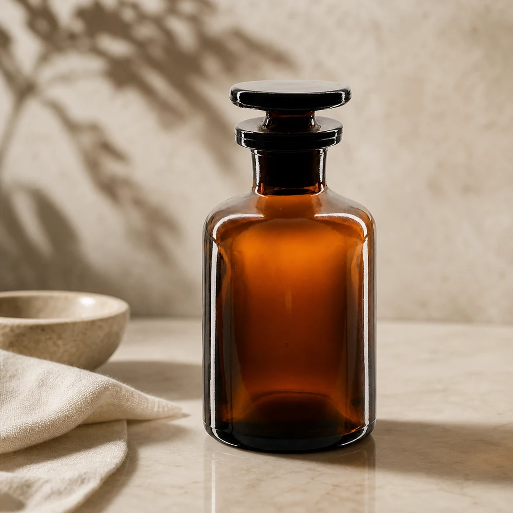 Rundschulterfl. 50ml braun Enghals Glasstopfen Braune Enghals-Rundschulterflasche 50ml aus Glas mit Glasstopfen für professionellen Laboreinsatz
