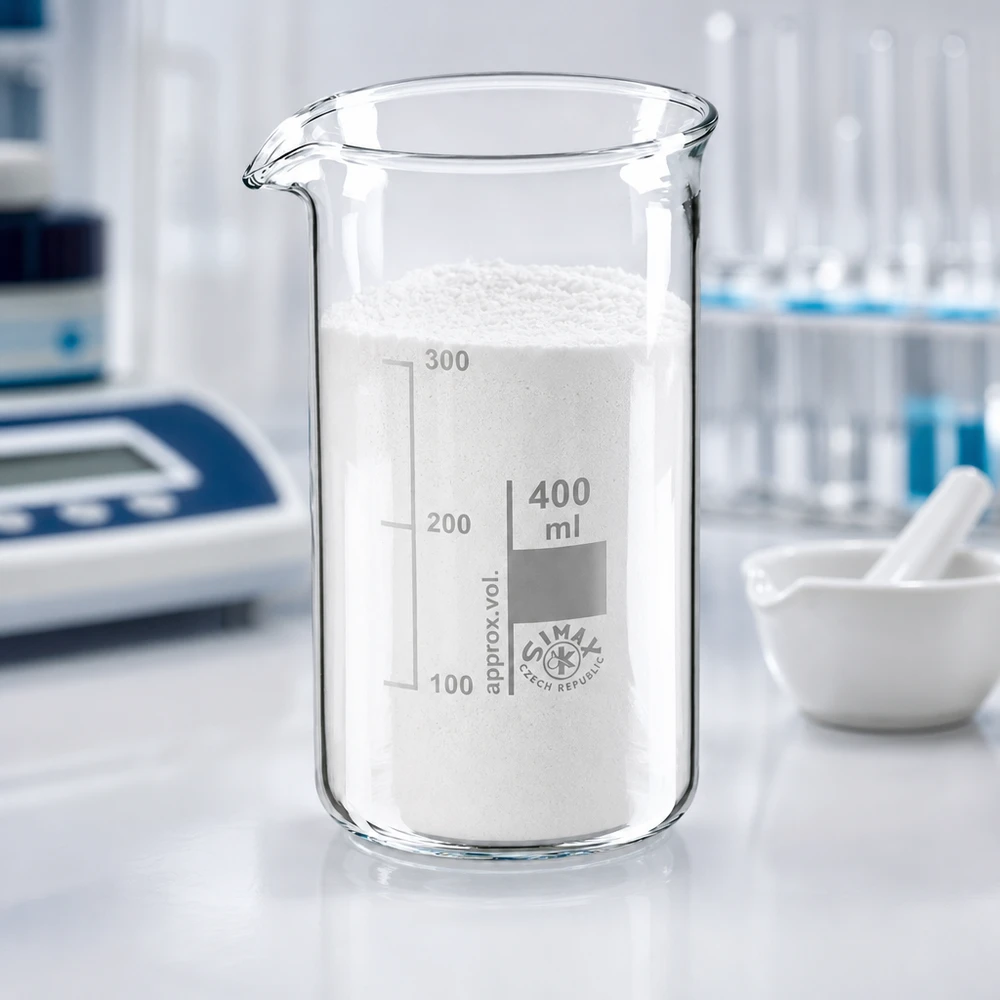 Becherglas 400ml hohe Form Borosilikatglas mit weißem Pulver im Labor gefüllt bis 300ml Skala