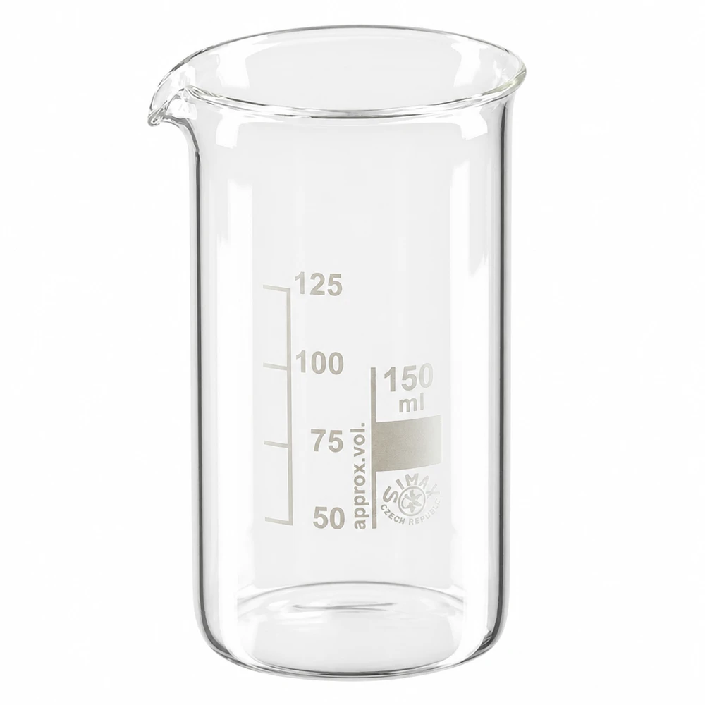 Becherglas 150ml Borosilikatglas, hohe Form Becherglas 150ml hohe Form aus Borosilikatglas mit Skala für professionellen Laboreinsatz