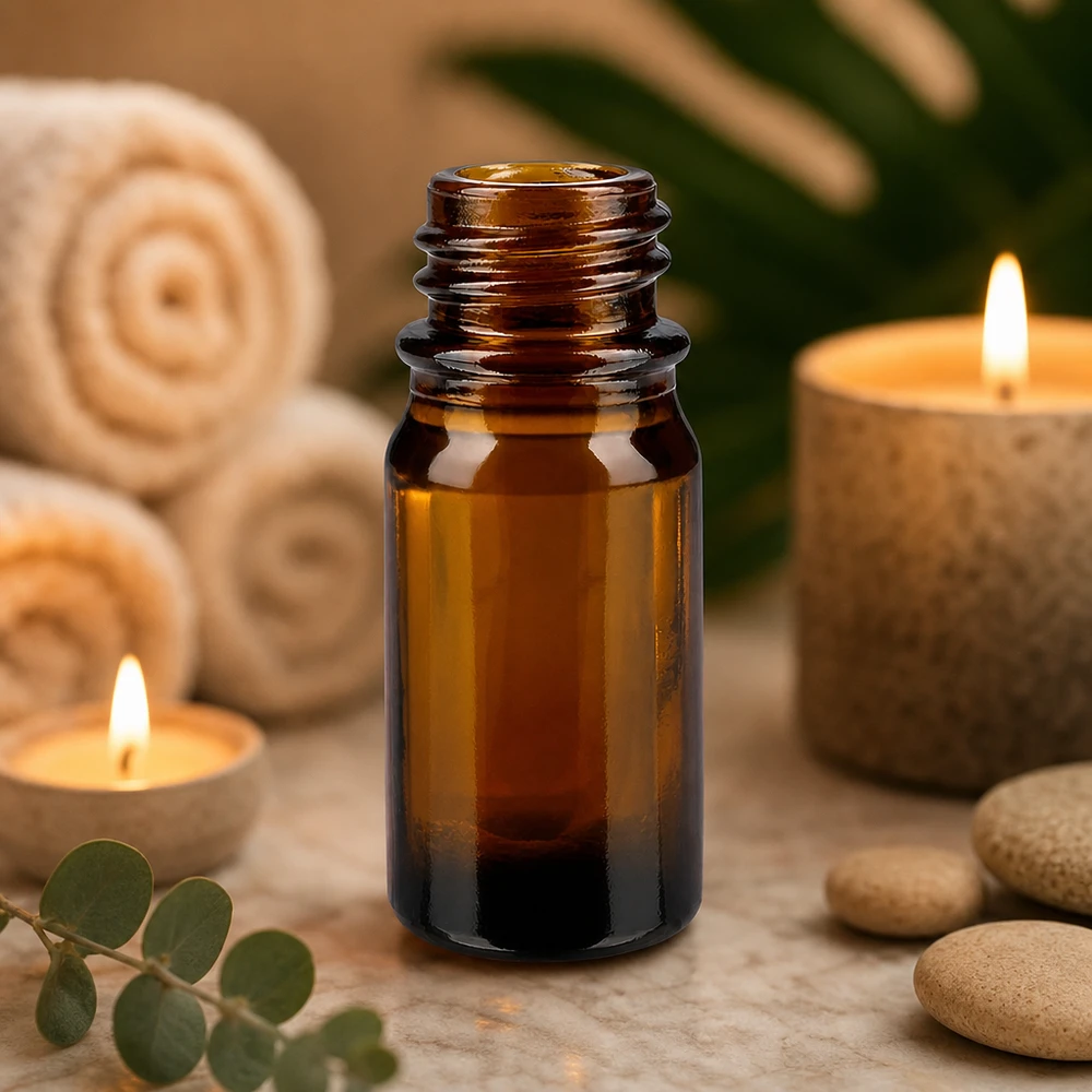 Tropfflasche 5 ml DIN 18 aus Braunglas 5ml braune Apothekenflasche ApoGlas mit Eukalyptus Steinen und brennenden Kerzen für entspannende Aromatherapie