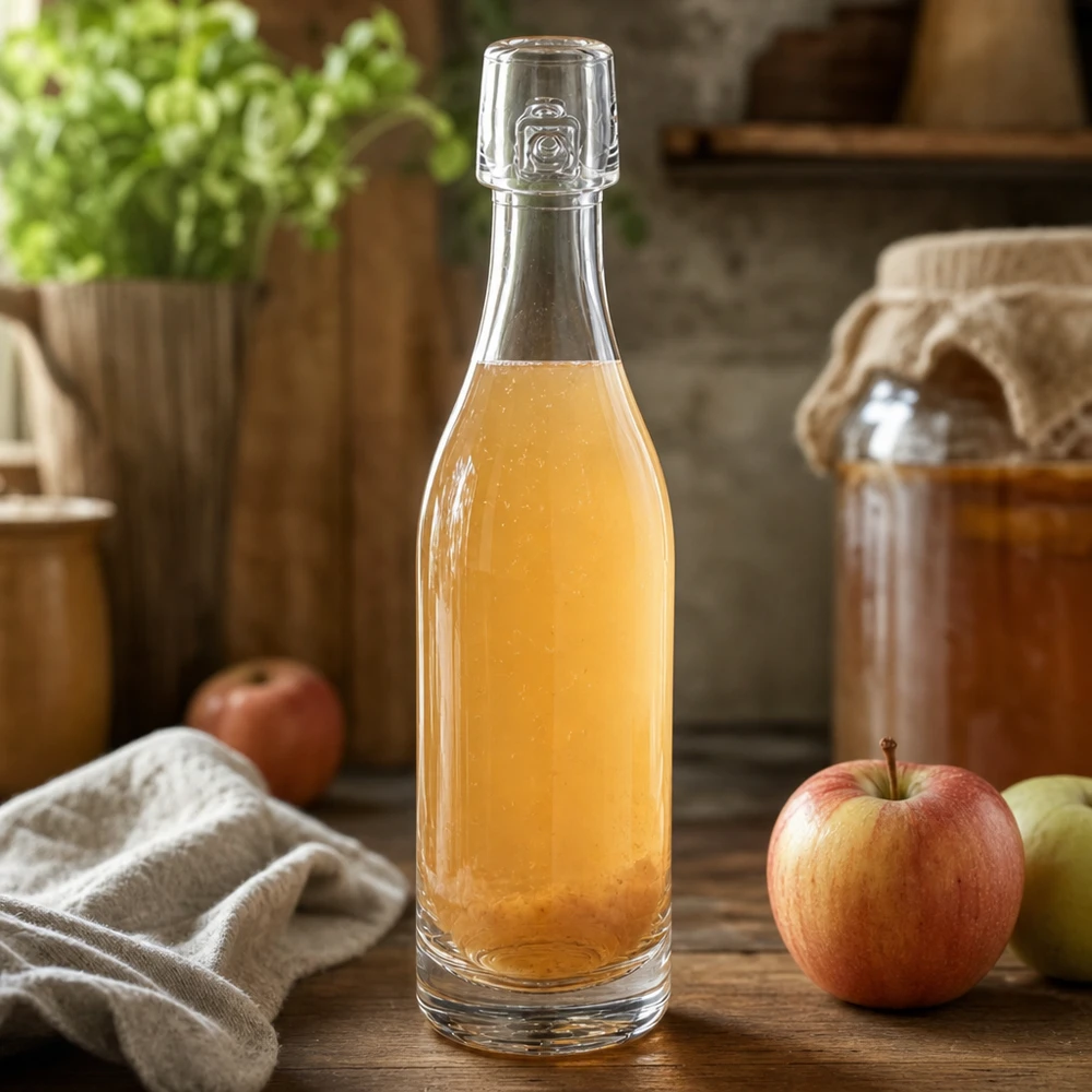 50ml Glasflasche UNiTWIST mit Apfelsaft gefüllt neben frischen Äpfeln rustikale Küchenszene Holzuntergrund
