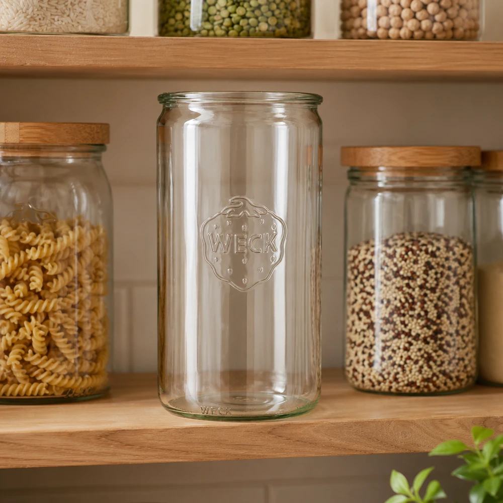1590ml Zylinderglas WECK RR100 WECK 1590ml Zylinderglas RR100 leer in Küche zwischen gefüllten Vorratsgläsern mit Pasta und Getreide auf Holzregal