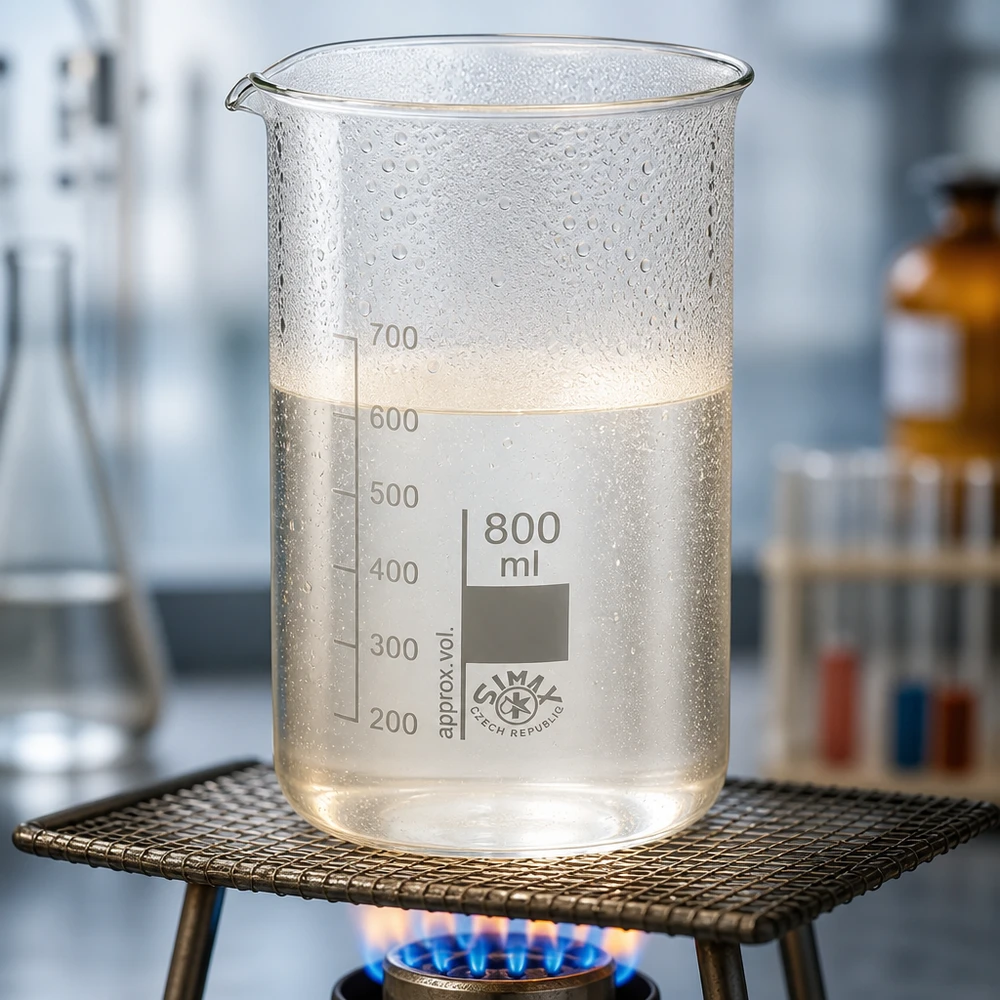 Becherglas 800ml Borosilikatglas, hohe Form Becherglas 800ml Borosilikatglas hohe Form auf Bunsenbrenner im Labor erhitzt Pacadura Fachhandel