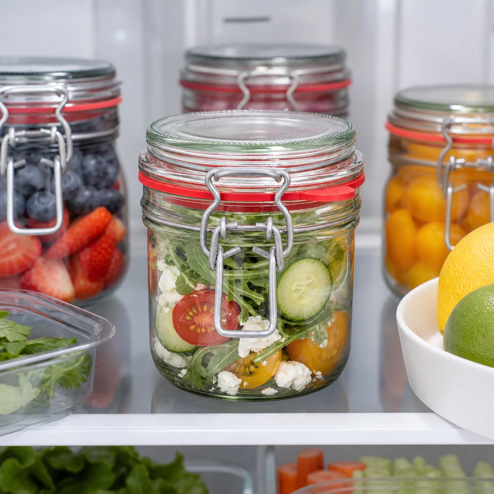 255ml Bügelverschluss-Vorratsglas im Kühlschrank mit Salat befüllt, professionelle Lebensmittellagerung für Gastronomieb