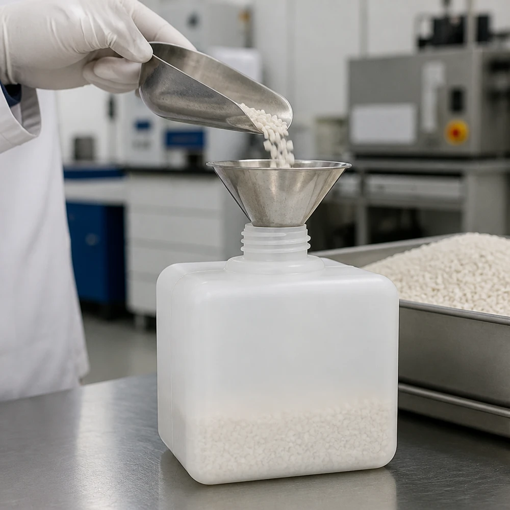 Chemikalienflasche 500ml PE-HD Enghals GL 32 für professionelle Laborbefüllung mit Granulat