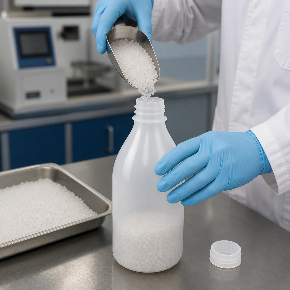 100ml Laborflasche Enghals ohne Verschluss 100ml Laborflasche Enghals aus HDPE für professionelle Laboranwendungen beim Abfüllen von Granulat